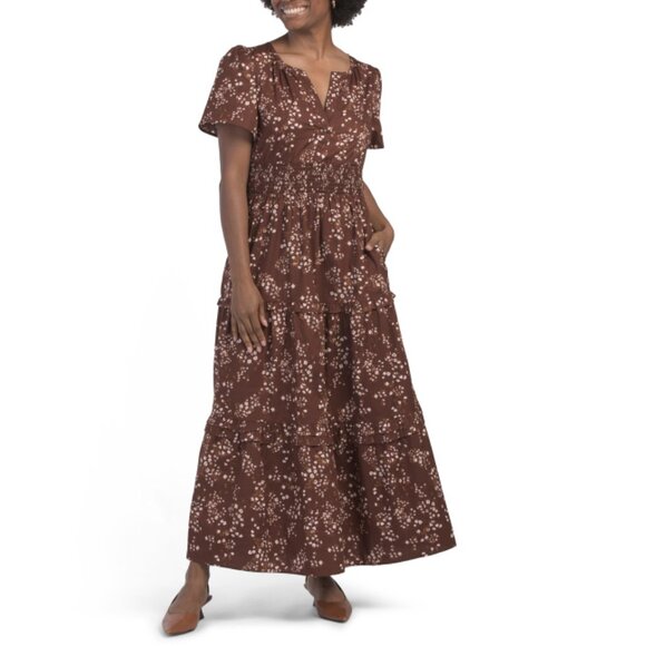 SUGAR LIPS TAUPE MULTI Gibson Floral Palmer Poplin Tiered Maxi Dress - Picture 1 of 2
